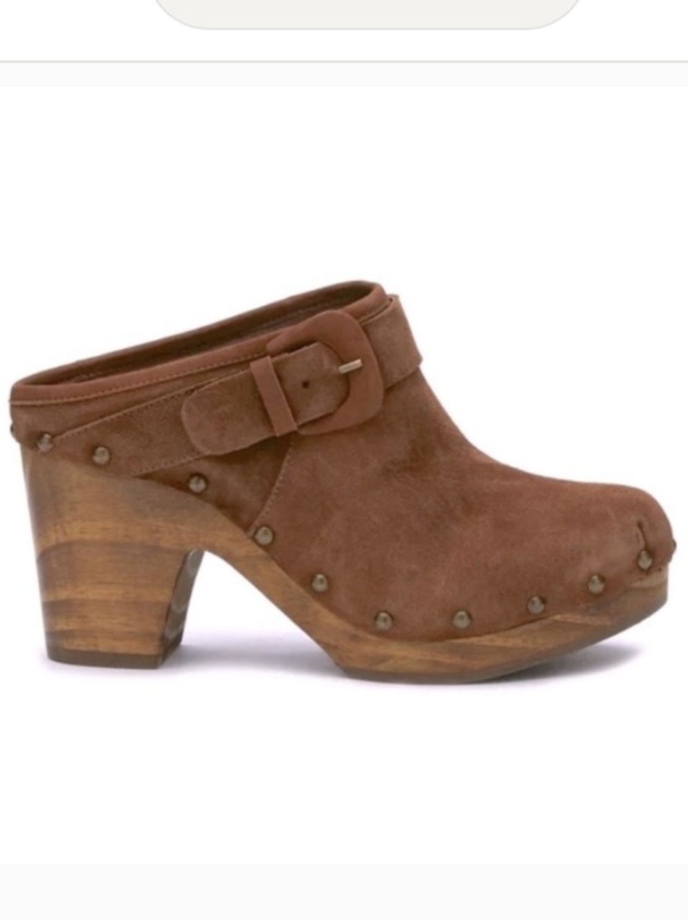 Matisse Tan Suede Studded Wood-Heel Clog Mule